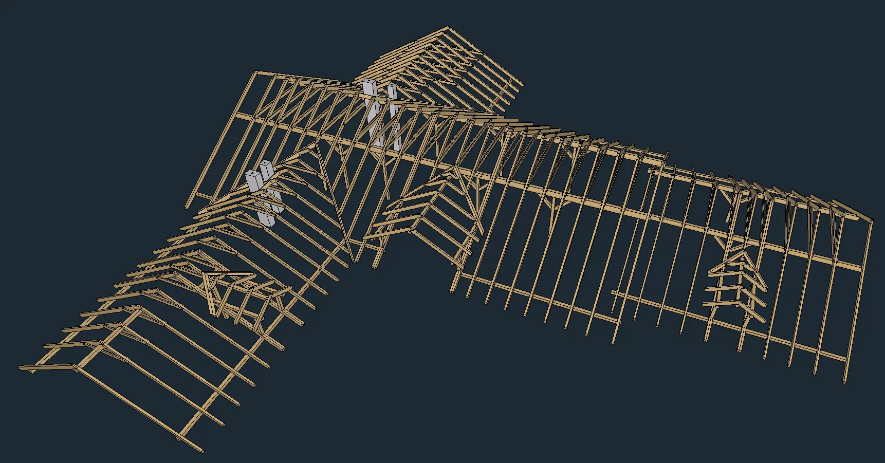 Model prefabrykowanej więźby dachowej CNC z widocznymi wiązarami i krokwiami drewnianej konstrukcji
