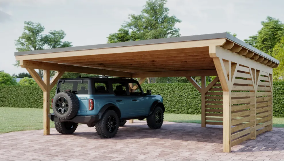 Drewniany carport z płaskim dachem i boczną osłoną, z zaparkowanym terenowym SUV-em